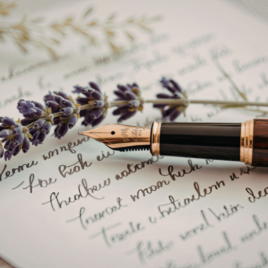 A fountain pen lies on handwritten paper with cursive text, accompanied by a sprig of lavender.